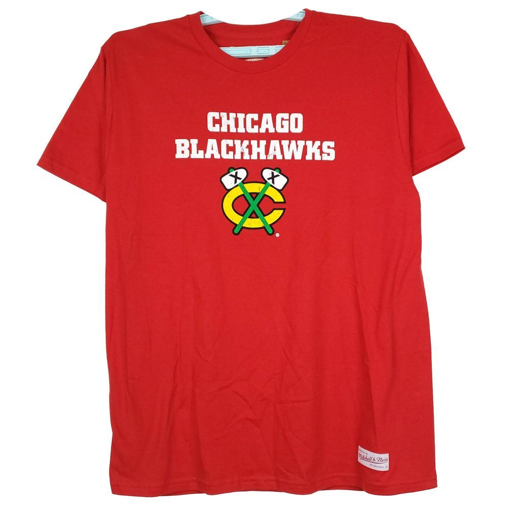 Chicago Blackhawks Mitchell‎ & Ness NHL L Large Shirt Distressed Logo Red NWT